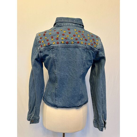 Vintage Denim Jacket with Embroidered Flowers Size Medium - Picture 8 of 10